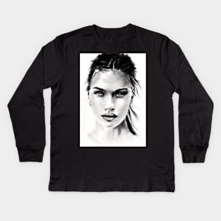 charcoal drawing of a woman Kids Long Sleeve T-Shirt